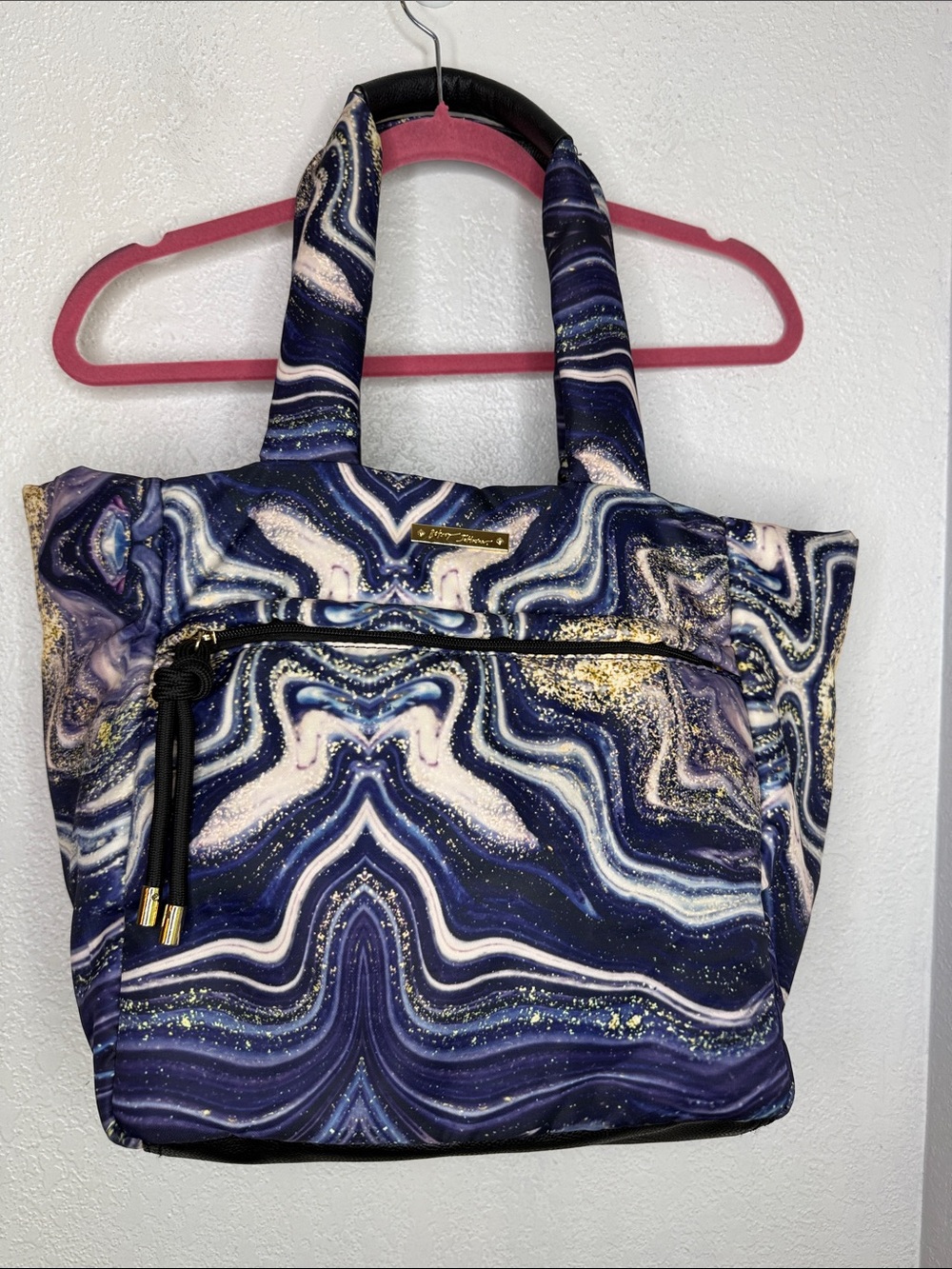 Betsey Johnson XO Jade Nylon Marble Galaxy Tote Bag Blue Gold Large Carryall